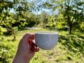 Female hand with a cup of coffee, tea close-up. Morning beatiful garden background, morning concept