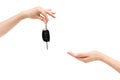 Female hand delivers car keys to other hand.