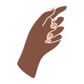 Female hand with fashionable manicure. Hand knock. Non-verbal language. Palm forward. Arm of a black woman. Finger