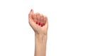 Female hand fist on white background.