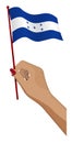 Female hand gently holds small flag of republic of honduras. Holiday design element. Cartoon vector on white background