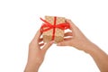 Female hand give present box, crop, cut out Royalty Free Stock Photo