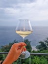 female hand with a glass of white wine. Photo taken on a balcony of with a sea view.Drinks white wine and enjoy the Royalty Free Stock Photo