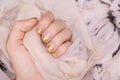 Female hand with gold glitter nail design