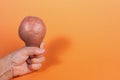 Female hand gripping non-standard ugly fresh raw potato on trendy yellow-orange background with shadow. Copy space