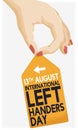 Female Hand Gripping a Tag Celebrating International Left Handers Day, Vector Illustration
