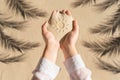 Female hand with a handful of sand with sun hand-drawn among shadow of a palm tree branch of a sandy tropical beach. Holiday Royalty Free Stock Photo