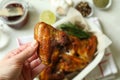 Female hand hold baked chicken wing, close up Royalty Free Stock Photo