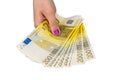 Female hand hold 200 euro banknotes isolated on white Royalty Free Stock Photo