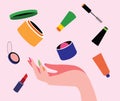 Female hand hold Makeup, cosmetic beauty products, lipstick, powder, blush, eye liner, lip balm, fairness cream. Vector illustrati