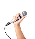 Female hand hold microphone isolated on white. Royalty Free Stock Photo