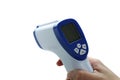 Female hand hold thermometer gun, isolated on white background Royalty Free Stock Photo