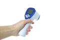 Female hand hold thermometer gun, isolated on white background Royalty Free Stock Photo