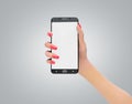Female hand holding black cellphone with white screen 3d render on grey gradient