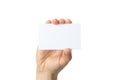 Female hand holding blank business card, isolated Royalty Free Stock Photo