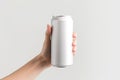 Female hand holding blank can, mock up style. AI Generated Royalty Free Stock Photo