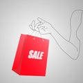 Female hand holding bright red shopping bag. A paper package with text sale in painted hand of young woman. 3D Vector illustration Royalty Free Stock Photo