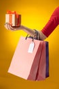 Female hand holding bright shopping bags Royalty Free Stock Photo