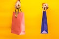 Female hand holding bright shopping bags Royalty Free Stock Photo