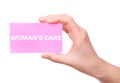 Female hand holding business card with text Royalty Free Stock Photo