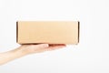 Female hand holding carton box. Food conveyance. Fast delivery service. Mockup style and place for text. Package and shipping Royalty Free Stock Photo