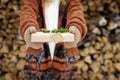 Female hand holding Christmas gift in the winter.