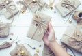 Female hand holding christmas presents gift box.collection Royalty Free Stock Photo