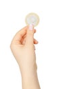 Female hand holding condom