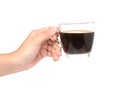 Female hand holding cup of coffe on white Royalty Free Stock Photo