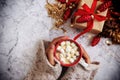 Female hand holding cup of hot cocoa