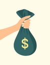 Female hand holding a dark blue money bag with a dollar sign. Flat vector illustration Royalty Free Stock Photo