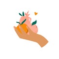 Female hand holding different fruits orange, pomegranate, peach