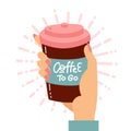 Female hand holding disposable coffee cup. Cardboard cover with hand written lettreing text - Coffee to go. Flat vector Royalty Free Stock Photo