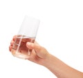 Female hand holding drinking glass with water against white Royalty Free Stock Photo