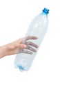 Female hand holding empty plastic bottle isolated on white. Recyclable waste. Recycling, reuse, garbage disposal Royalty Free Stock Photo