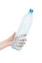 Female hand holding empty plastic bottle isolated on white. Recyclable waste. Recycling, reuse, garbage disposal, resources, envir Royalty Free Stock Photo