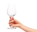 Female hand holding empty wine glass against white Royalty Free Stock Photo