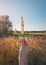 Female hand holding a foxtail reed plant in the wind over the idyllic rural background. Autumnal background, fall season beauty,