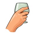 Female hand holding glass brandy. Color vector illustration