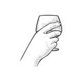 Female hand holding glass brandy. Vintage vector engraving Royalty Free Stock Photo