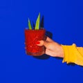 Female hand holding glass with cocktail  on bright blue neon background. Concept of taste, alcoholic drinks Royalty Free Stock Photo