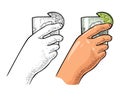 Female hand holding glass gin. Vintage vector engraving Royalty Free Stock Photo