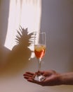 Female hand holding glass cocktail sunlight shadow Royalty Free Stock Photo