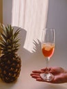 Female hand holding glass cocktail sunlight shadow Royalty Free Stock Photo