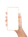 Female hand holding gold mobile phone smartphone Royalty Free Stock Photo