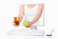 Female hand holding green apple and juice Royalty Free Stock Photo