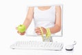 Female hand holding green apple and measuring tape Royalty Free Stock Photo