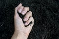 Female hand holding a handful of rich fertile soil that has been newly dug over or tilled in a concept of conservation of nature a Royalty Free Stock Photo