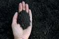 Female hand holding a handful of rich fertile soil that has been newly dug over or tilled in a concept of conservation of nature a Royalty Free Stock Photo