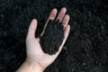 Female hand holding a handful of rich fertile soil that has been newly dug over or tilled in a concept of conservation of nature a